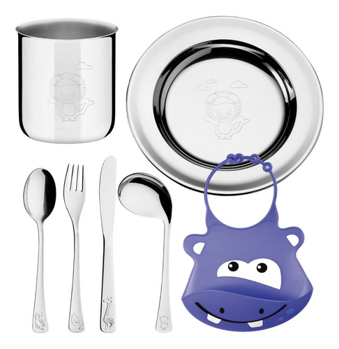 Kit de comida infantil Tramontina de acero inoxidable y babero de silicona, color morado