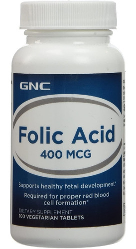 Ácido Fólico 400 Mcg Gnc 100 Tabletas Vegetales