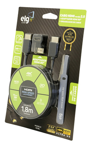 Imagem 3 de 8 de Cabo Hdmi 1.8m + Adaptador Hdmi 90° - Hs18l - ELG