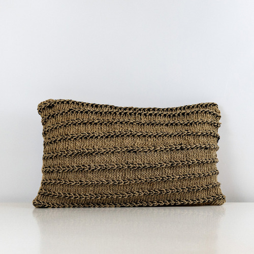 Cojín Chico Rectangular Tejido A Mano Yute Y Macramé Café Rayas