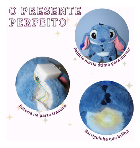 Ursinho Pelúcia Stitch Com Som Luz Respira Alivia Ansiedade Azul