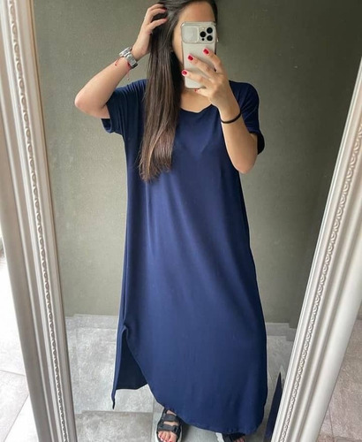 Maxi Vestido Azul Largo Modal Viscosa Talle Amplio Escote V