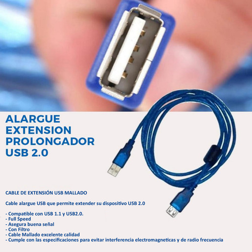 Imagen 2 de 5 de Cable Usb Extensión 3 Metros Mallado Con Filtro Alargador