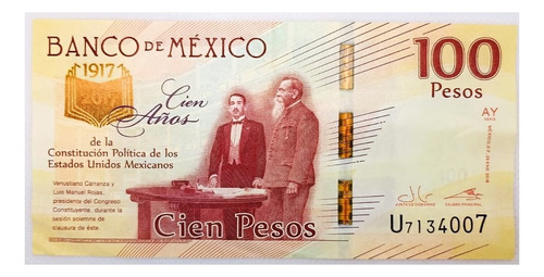 Billete De 100 Pesos Cien Años Constitución De 1917