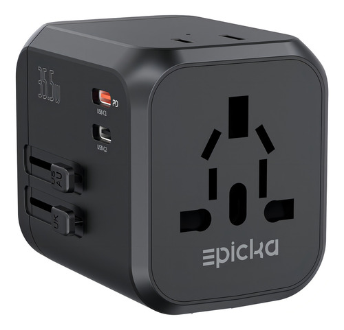Epicka Adaptador de Viaje Universal Adaptador Internacional de Enchufes Con Doble Toma de Corriente Ac 2 Usbc de Carga Rápida Pd 35w y 3 Usba Cargador de Pared Mundial Todo en uno Ta205 Negro 127V