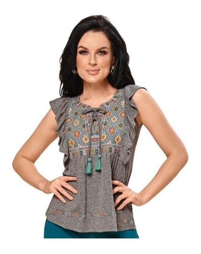 Hermosa Blusa Color Gris Bordada Étnico Cklass 800-43