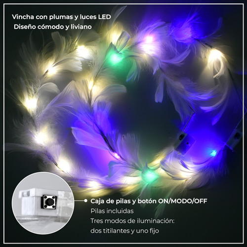 Vincha Tiara Corona Plumas Led X10 Hippie Cotillon Luminoso Luz Multicolor