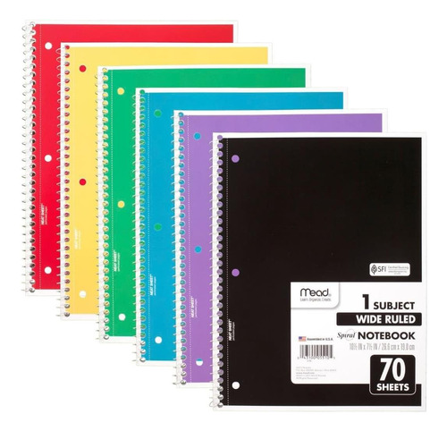 Mead Espiral Cuaderno, 6 Pack, 1 Sujeto, Wide Paper,
