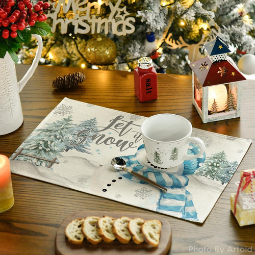 Juego 12 Mantel Individual Navidad Muñeco De Nieve Azules