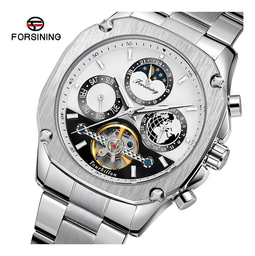 Relojes Luminosos De Fase Lunar Forsining Tourbillon Color De La Correa Silver White