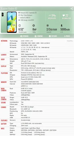 Xiaomi Redmi A1 220733sl 2gb 32gb Dual Sim Duos