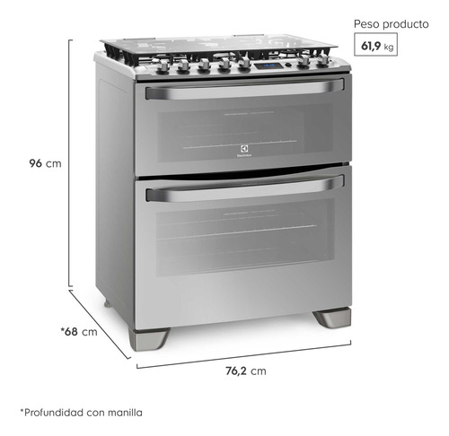 Cocina A Gas 5 Platos Doble Horno Timer Digital 76dxa Inox