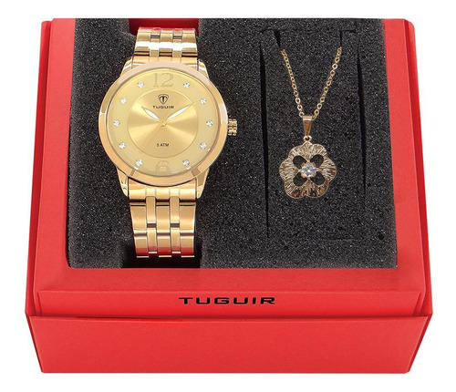 Kit Relógio Feminino Tuguir Analógico W2122 Dourado Com