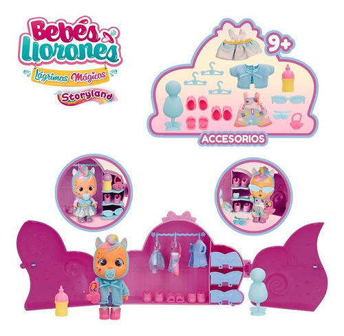 Imagen 3 de 8 de Cry Babies Muñeca Jenna Storyland Con Accesorios Y Armario