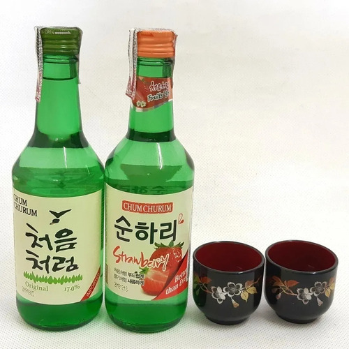 2 Bebida Coreana Soju Original E Sabor Morango/maçã +2 Copo