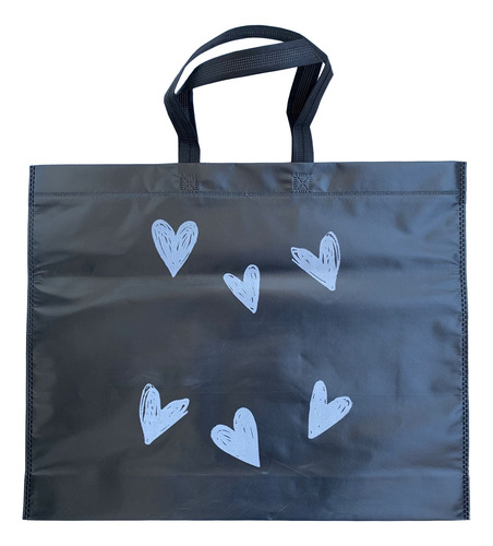 100 Bolsas Eco Reutilizables, Laminadas Mate, 50x40+10base Negro Corazones Blancos