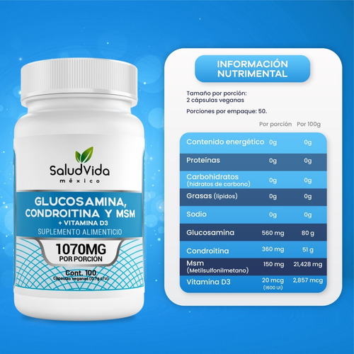Imagen 2 de 3 de Glucosamina, Condroitina Y Msm + Vitamina D3 - 100 Cápsulas
