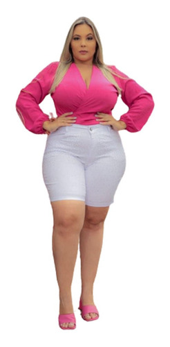 Bermuda Jeans Color Lycra Feminina Plus Size Tamanho Grande