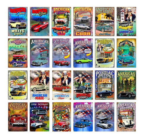 Carteles Metalicos Pack 24 Classic Cars Americanos 20x30 Cms