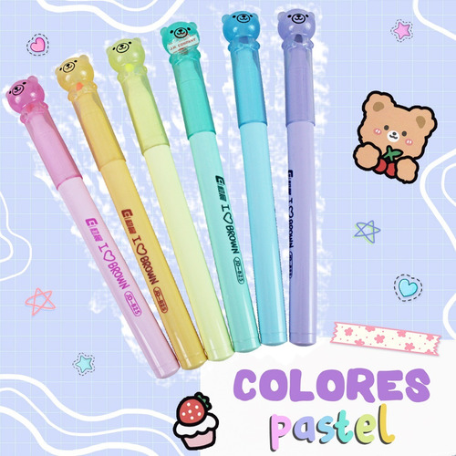Imagen 4 de 9 de Set De 6 Marcatextos Colores Pastel Forma De Osito Kawaii