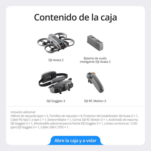 DJI Avata 2 Vuela Más Combo Dron FPV Cámara 4K 1 Batería Goggles 3 y RC Motion 3 Vuelo Inmersivo