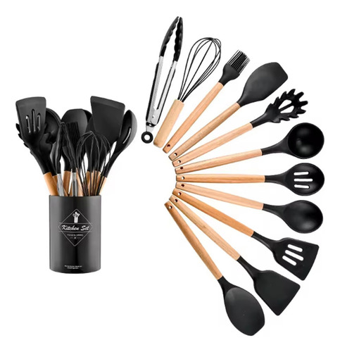 Kit De Cozinha 12 Peças Silicone Utensílios De Cozinha Preto