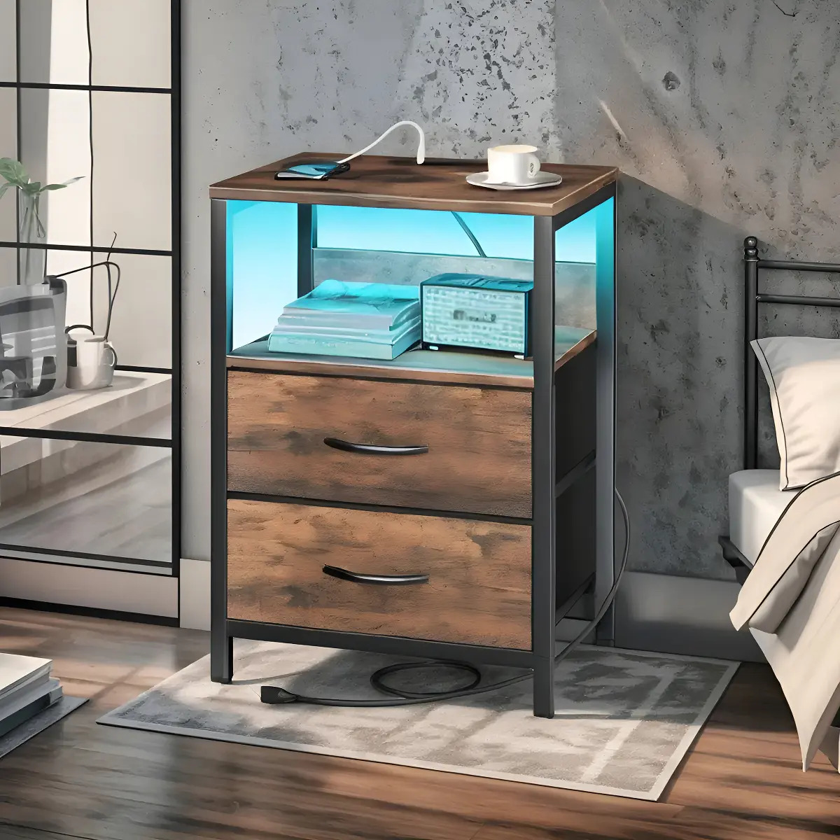 Mesita De Noche De Madera Con Dos Cajones De Tela, Enchufe Y Luz Led Para Dormitorio, Marrón
