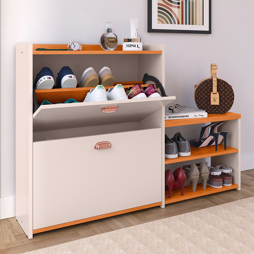 Sapateira Organizadora Com Assento Hall Porta Basculante - Off White / Cinamomo