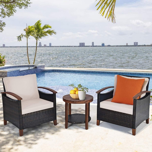Juego De Muebles De Patio 3 Piezas Ratán Mesa Y Cojines Beige