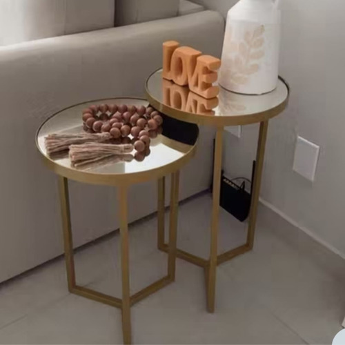 Mesa Lateral Conjunto Com 2 Tampo Espelho Decoração Luxo