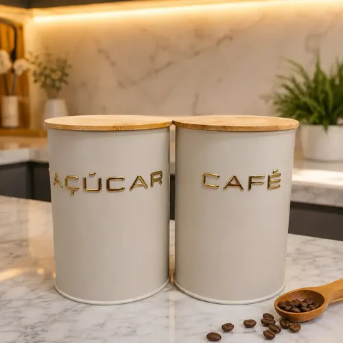 Kit 2 Potes Hermético Café E Açúcar Tampa Bambu Orgânico Bege Elegante Cozinha ​Mesa Posta Cafés Da Manha Da Tarde Chás Bolachas Mesas Jantar Restaurante Cafeteria Açucareiro Vedação Qualidade Organiza
