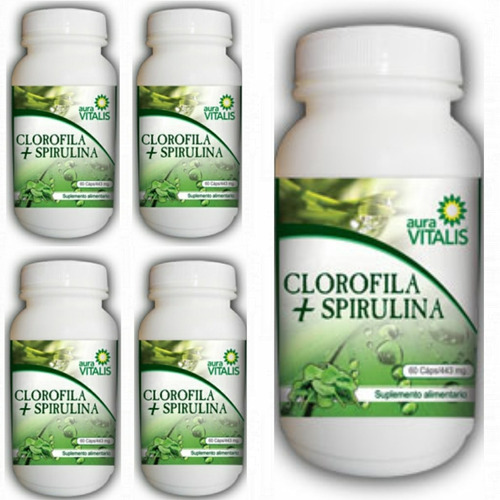Clorofila + Spirulina 5 Frascos 60 Caps C/u Antioxidante Vit