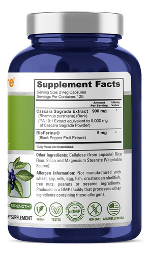 Nusapure Cascara Sagrada 9000 Mg + Bioperina Hecho En Usa Sabor Sin Sabor