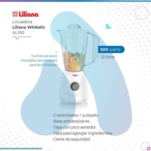 Imagen 3 de 8 de Licuadora Liliana Whitelic 500w Al100