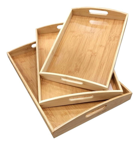 Juego Set 3 Bandejas Bambu Madera Servir Manija Asa Desayuno