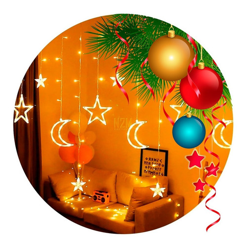 Imagen 1 de 9 de Cortina Led Estrellas Lunas Tira 3 Metros Calido 220v