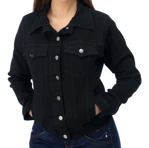 Chamarra Mezclilla Casual Clásica Stretch Negra Ref06-n
