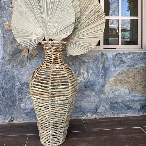Jarrón Tejido Con Hojas De Palma, Boho Artesanal Natural Tulum
