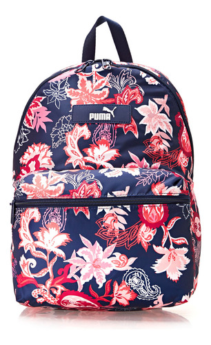 Mochila escolar unissex impressa com logotipo Puma Core Pop, cor: azul, design de tecido floral