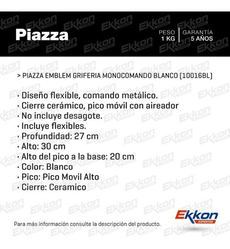 Imagen 2 de 9 de Grifería Monocomando Cocina Piazza Blanco Emblem 10016bl