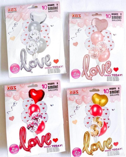 Set 10 Globos Love 70cm +8 Latex 12puLG+corazon 45cm