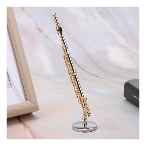 Modelo Musical Flauta Miniatura Replica Stand Y Estuche Oro