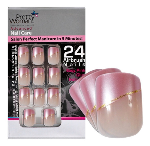 Pretty Woman Uñas Plastic Acrilicas Set Francesa Rosa Dorado