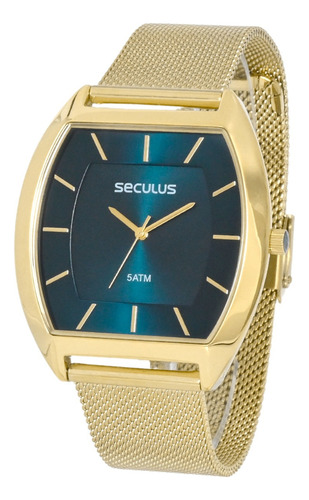 Relogio Seculus Masculino Dourado Aço Quadrado 23715gpsvda2 Cor do fundo Azul