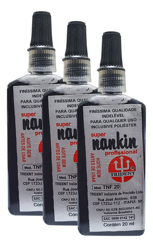 Kit 3x Tinta Super Nankin Profissional Preto 20ml Trident