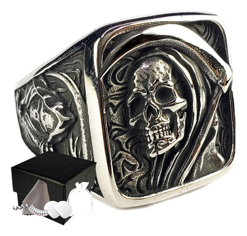 Combo Anillo Santa Muerte Acero Cuadrado Inoxidable Parca Ca