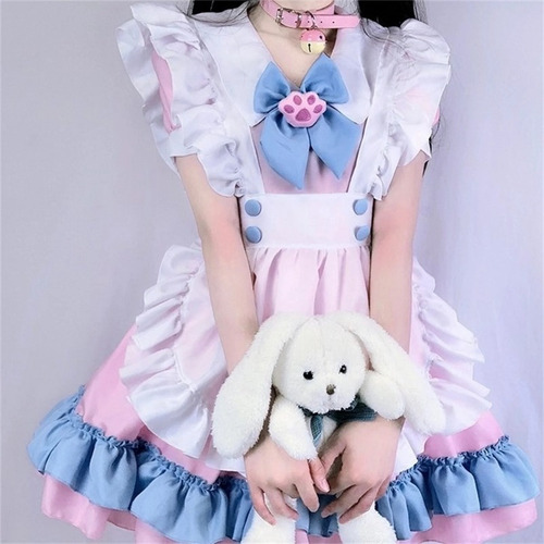 Kawaii Lolita Anime Maid Outfit Pink + Blue Cosplay