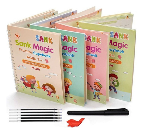 Kit Com 4 Cadernos Para Prática De Caligrafia Mágica Infantil Sank Magic, Possui Textos, Numeros, Letras E Canetas Magica Para Interação Que Se Apaga Após O Uso 