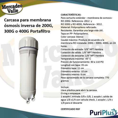 Membrana Ro Osmosis Inversa 400 G Carcasa Para Filtro Agua