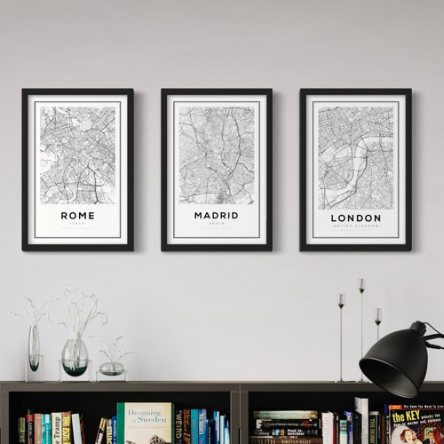 Set 3 Cuadros Con Vidrio - Mapas Roma, Madrid, Londres 50x75